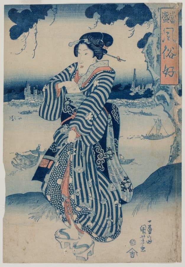 스미다강 기슭에 선 게이샤 — 최신 유행과 풍속을 즐기는 사람들 — 우타가와 구니요시