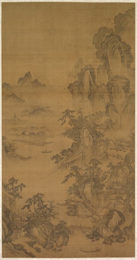 안개가 걷히는 산촌의 시장 — Unknown