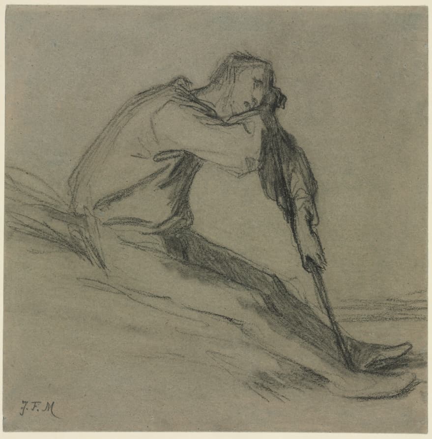 괭이에 기대어 쉬는 농부 — 장 프랑수아 밀레